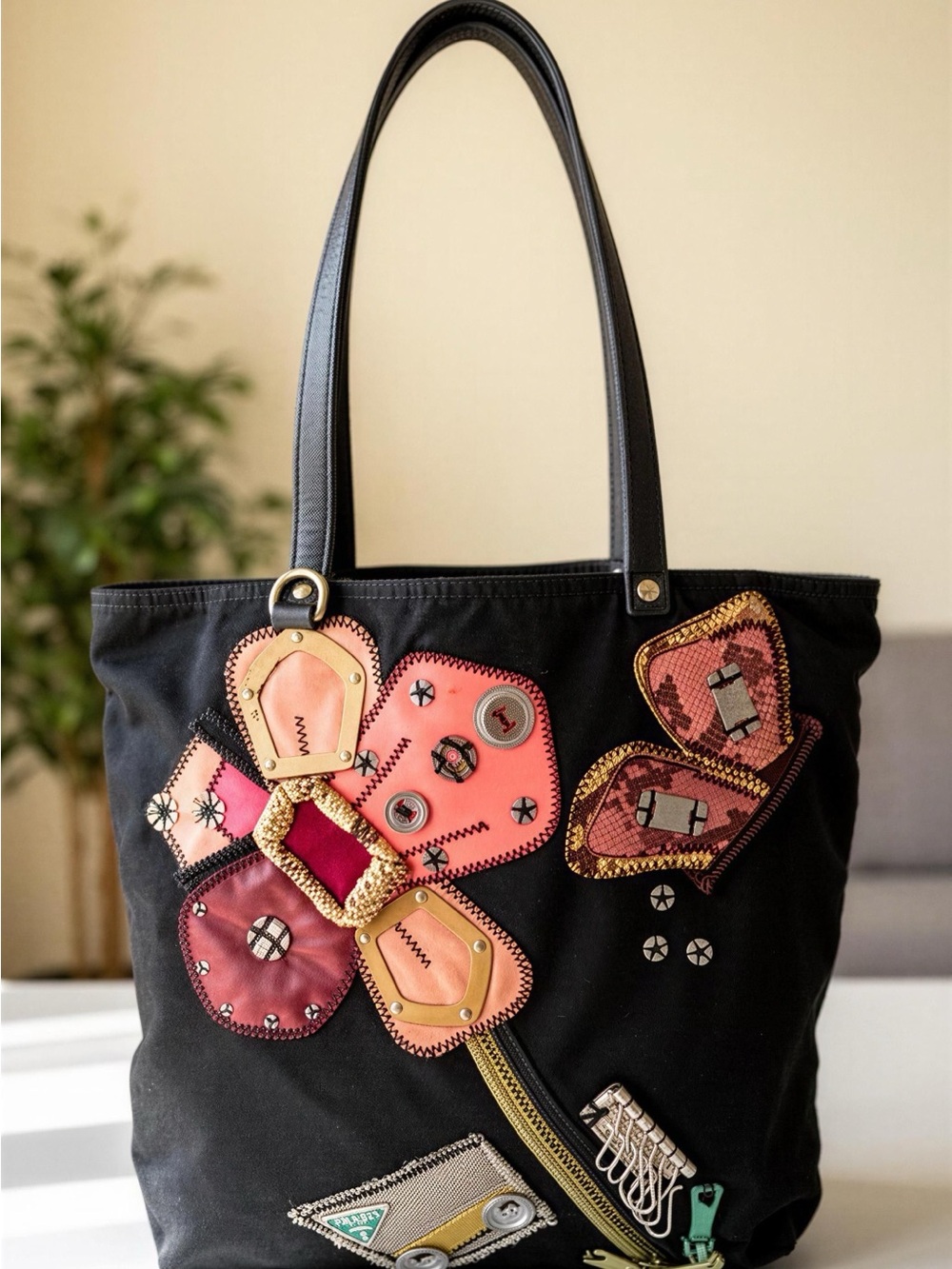 Prada Patch Black Tote Bag with Pink & Coral Floral Appliqué